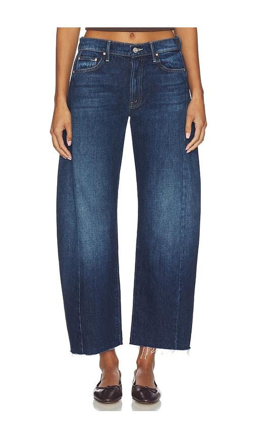 mother the mid rise full-pipe flood fray jeans in blue.
