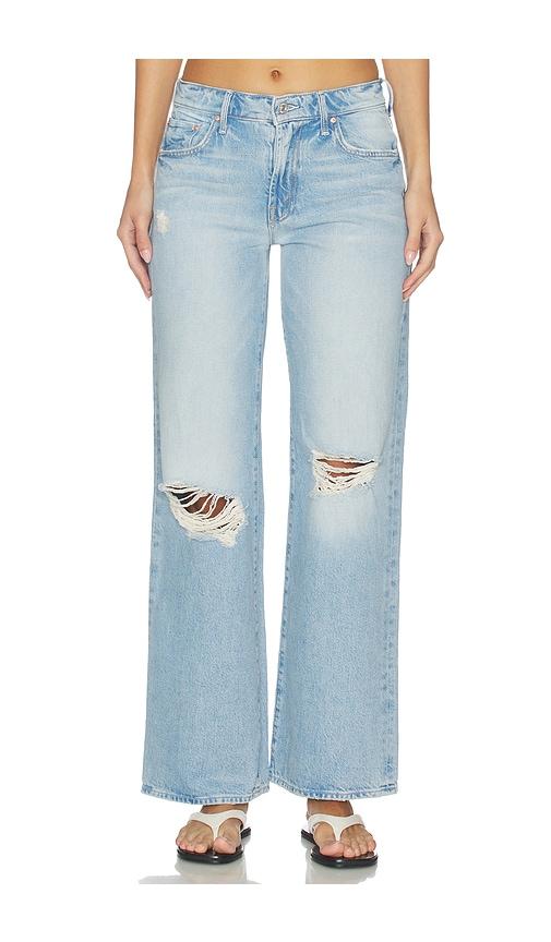 mother the mid rise maven sneak jeans in blue.