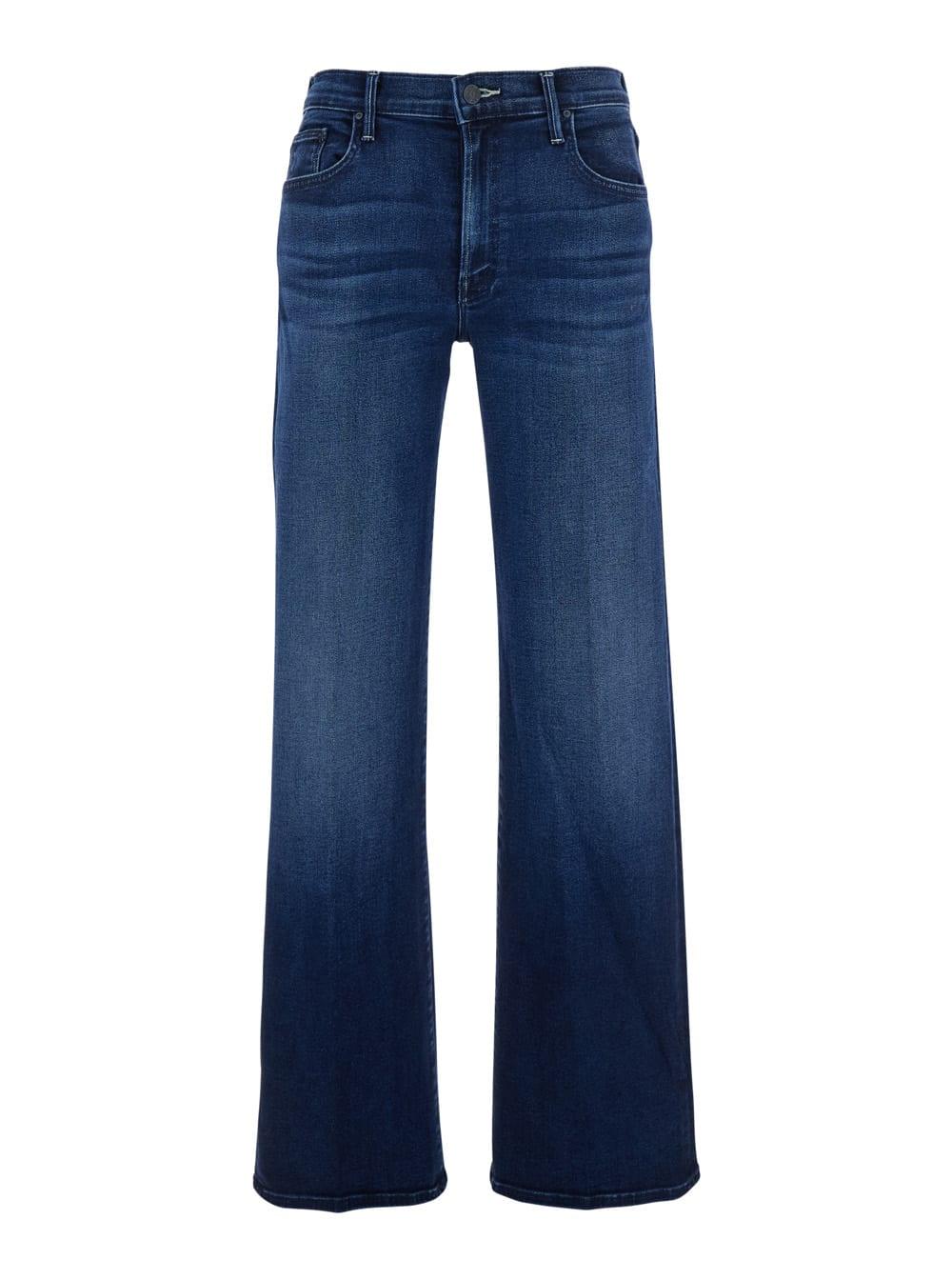 mother the mid rise mavin sneak blue jeans with belt loops and logo embroidery on the rear in denim woman