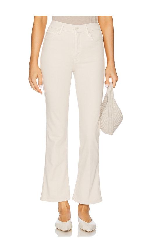 mother the mid rise smokin' double flood jeans in ivory.
