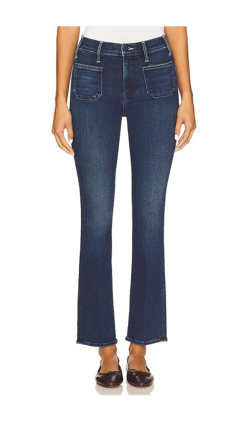 mother the patch pocket insider flood jeans in blue.