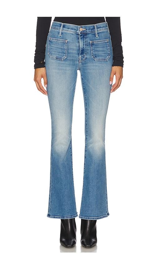 mother the patch pocket weekend jeans in blue.