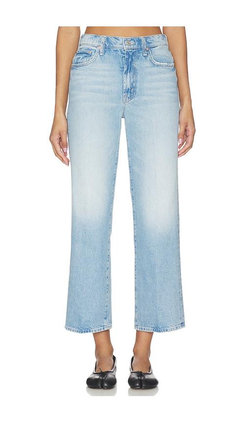 mother the rambler zip flood jeans in blue.