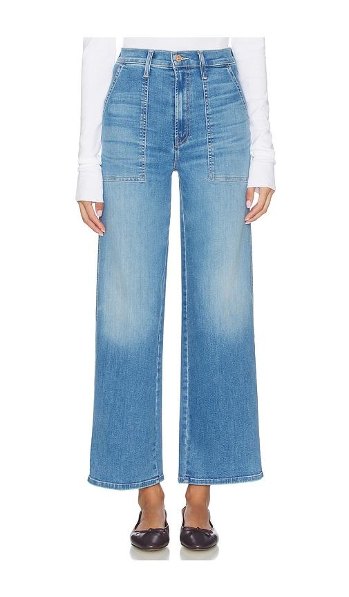 mother the stitch maven flood jeans in blue.