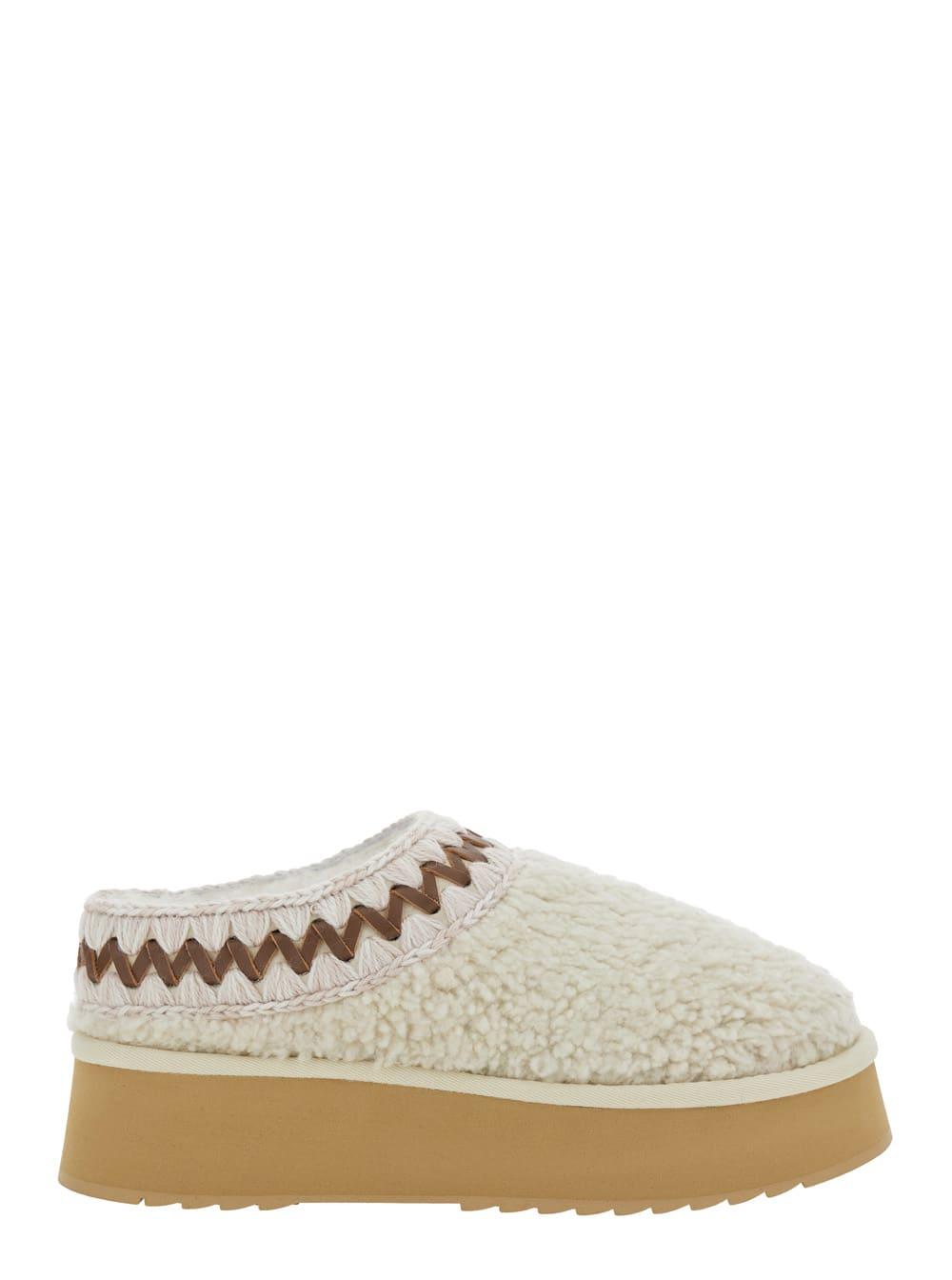 mou white mules with braided detail in faux fur woman
