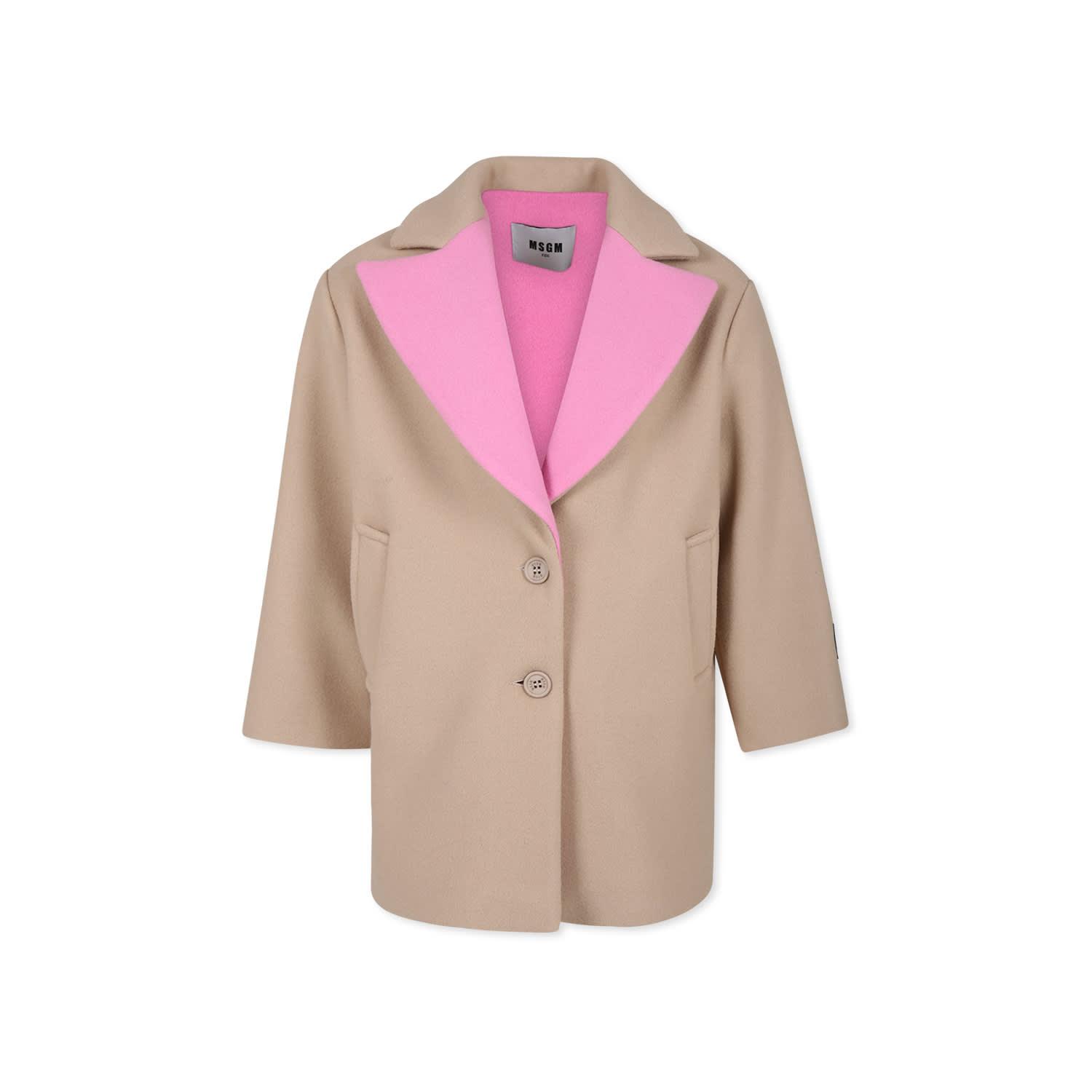 msgm beige coat for girl with logo