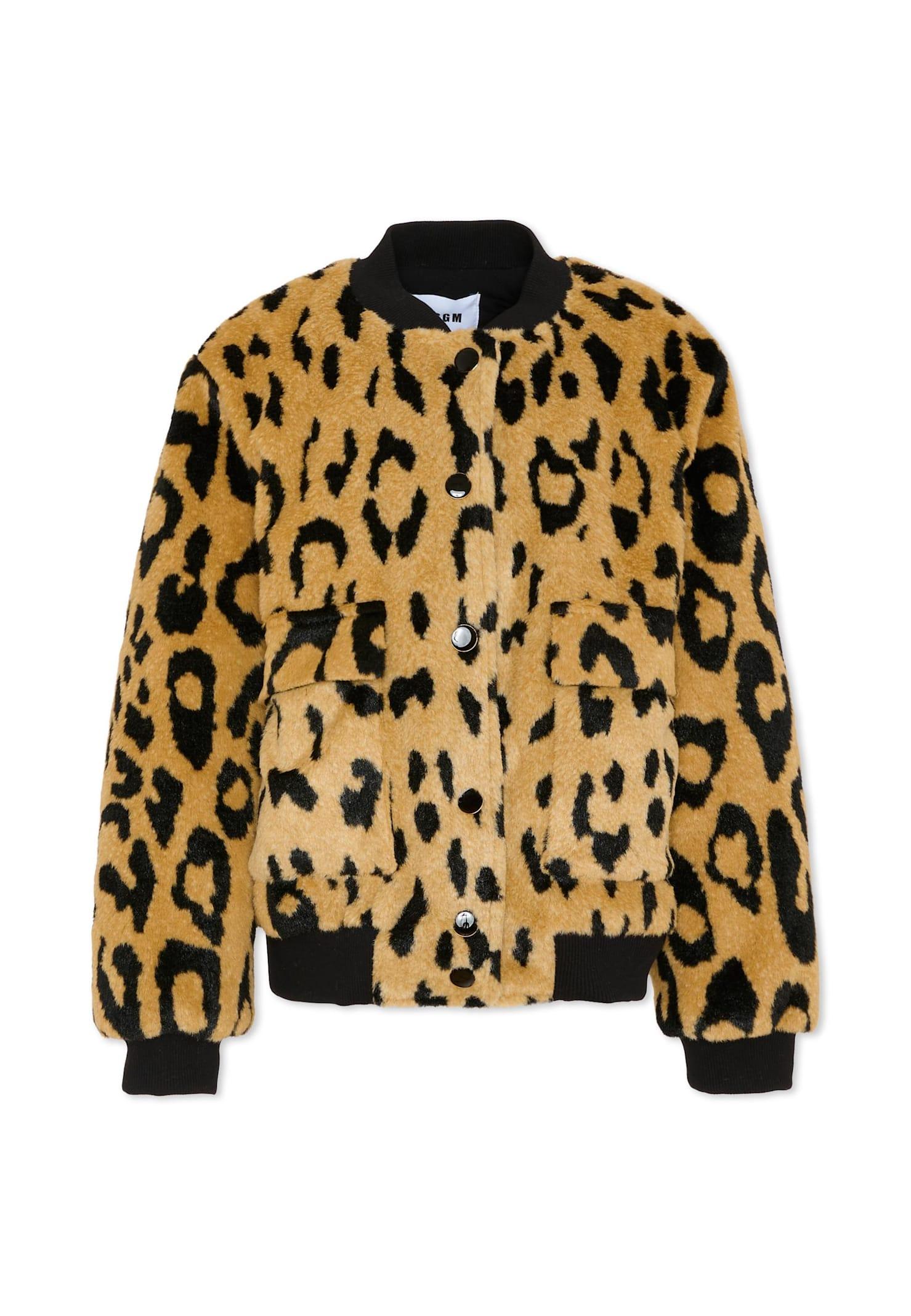 msgm beige faux fur coat for girl with spotted print