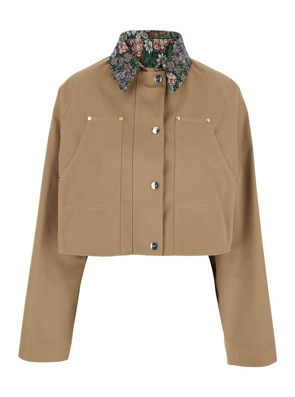 msgm beige jacket with front closure and cotton pockets for women