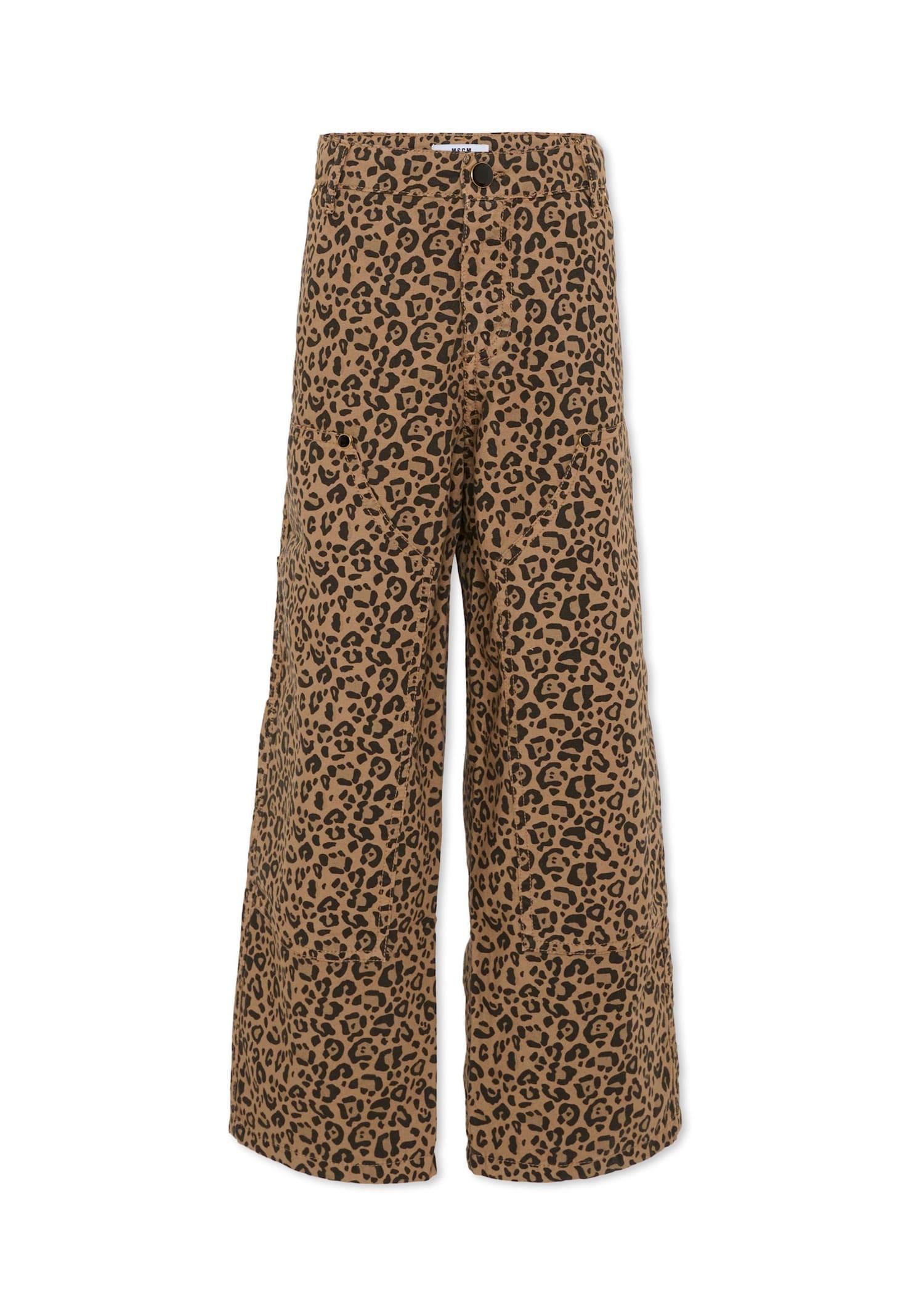 msgm beige trousers for girl with logo and spotted print