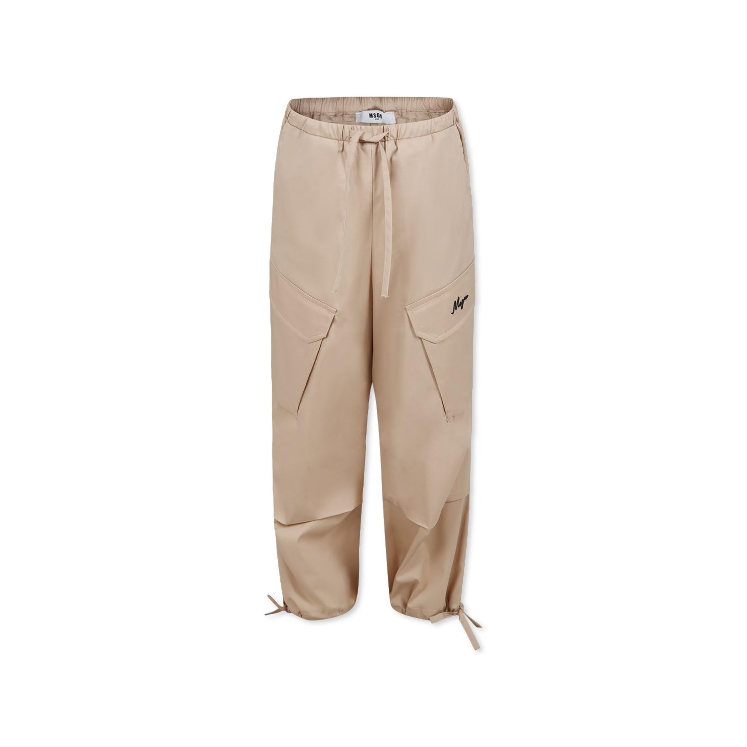 msgm beige trousers for girl with logo