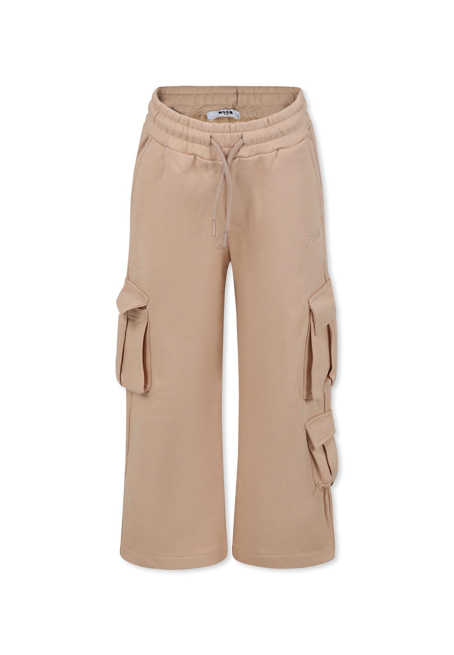 msgm beige trousers for girl with logo