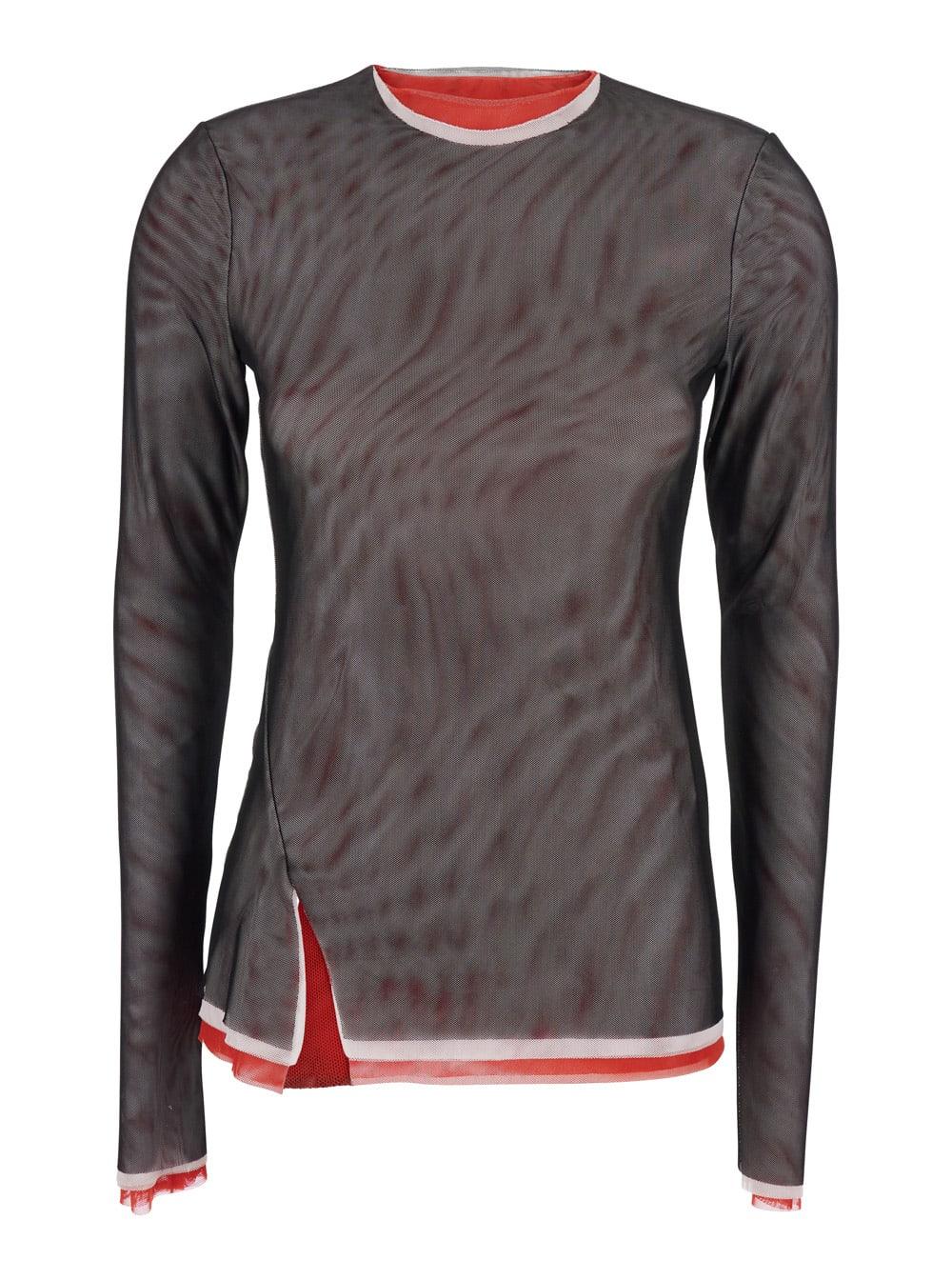 msgm black crew neck blouse with side slit in tech fabric woman