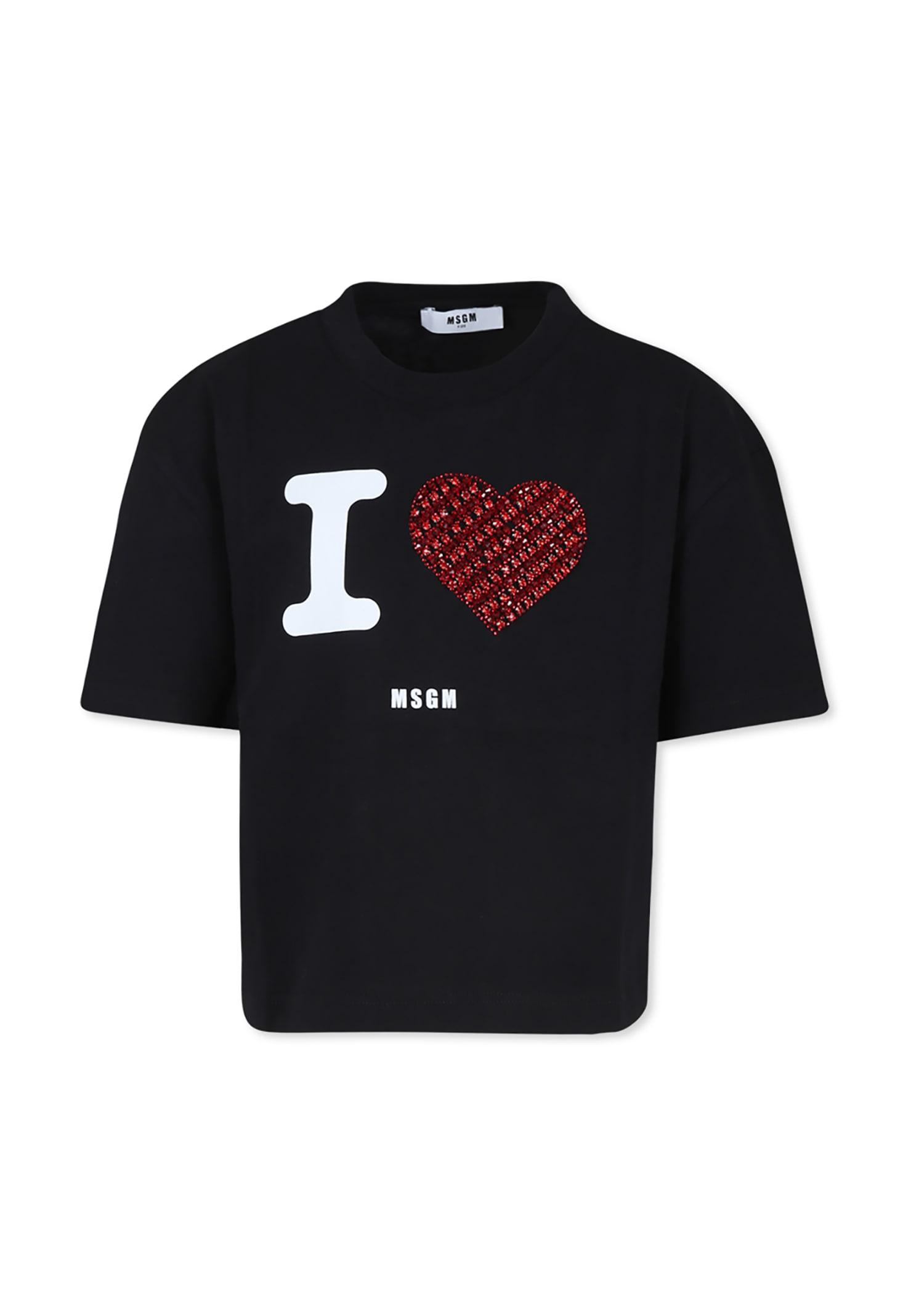 msgm black t-shirt for girl with logo