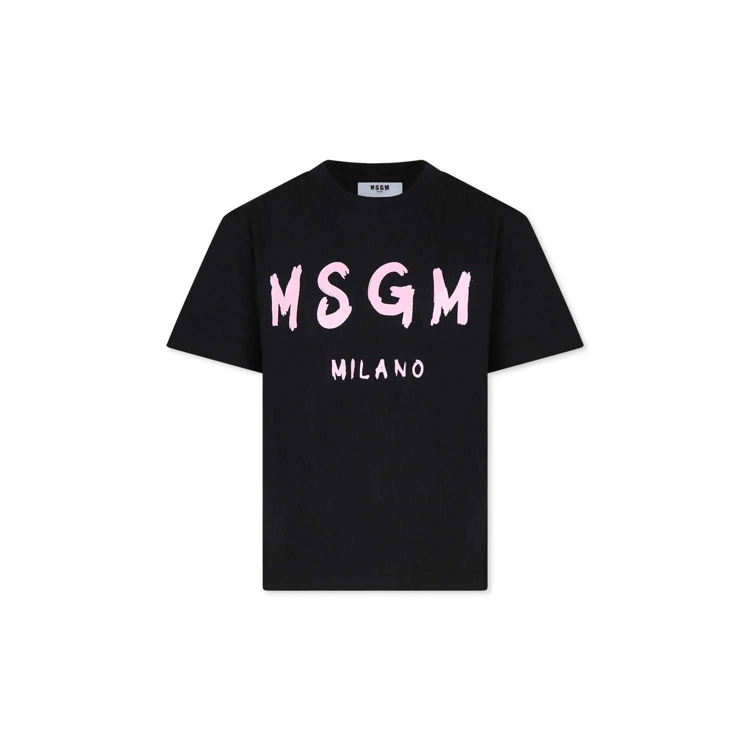 msgm black t-shirt for girl with logo