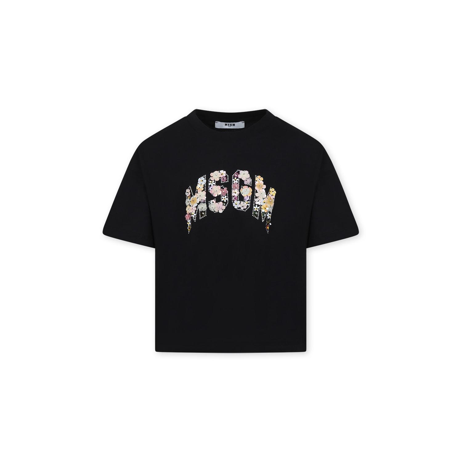 msgm black t-shirt for girl with logo