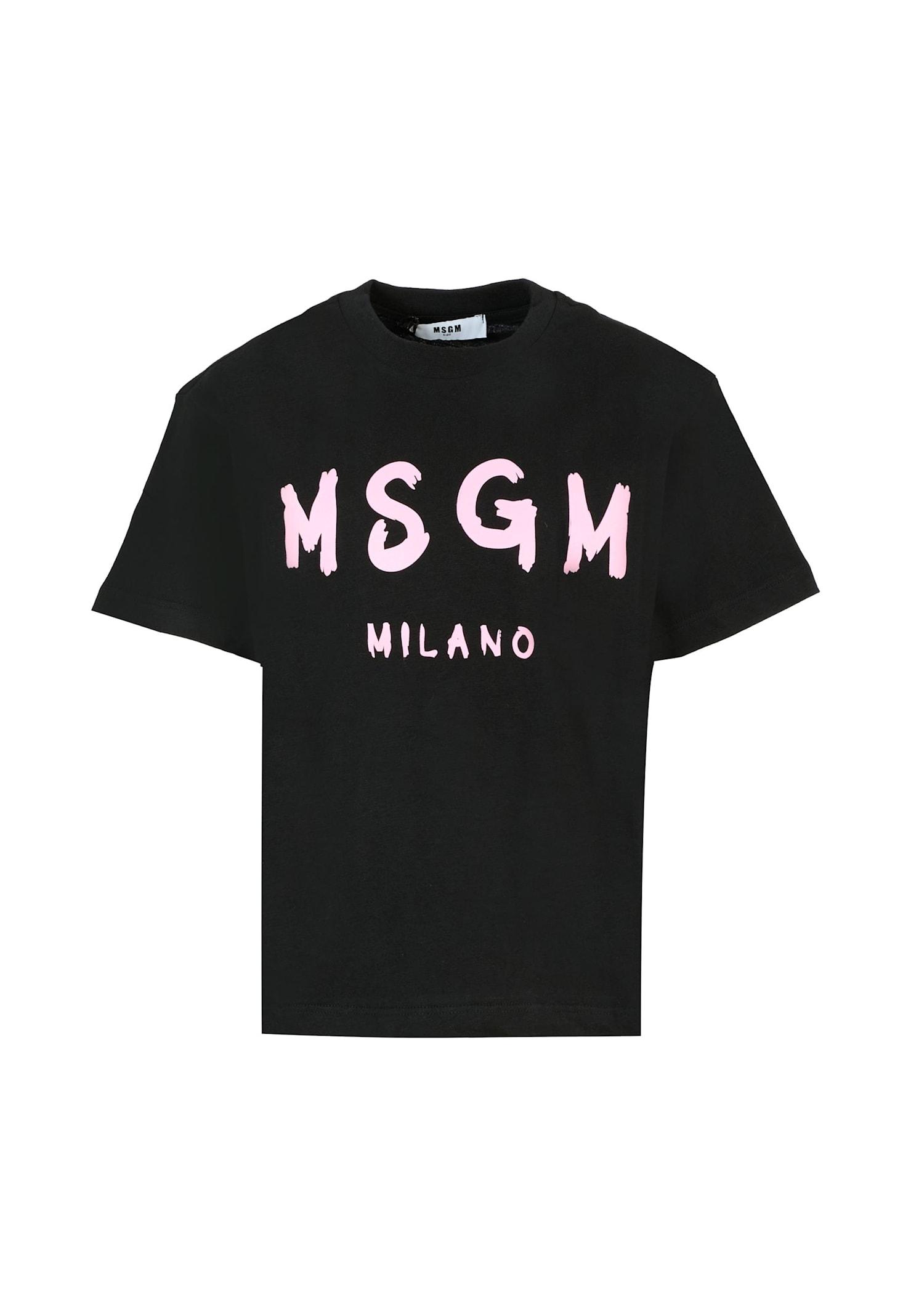 msgm black t-shirt for girl with pink logo