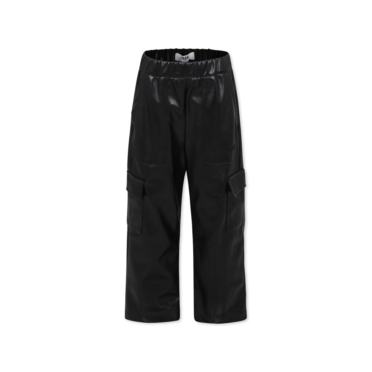 msgm black trousers for girl with logo