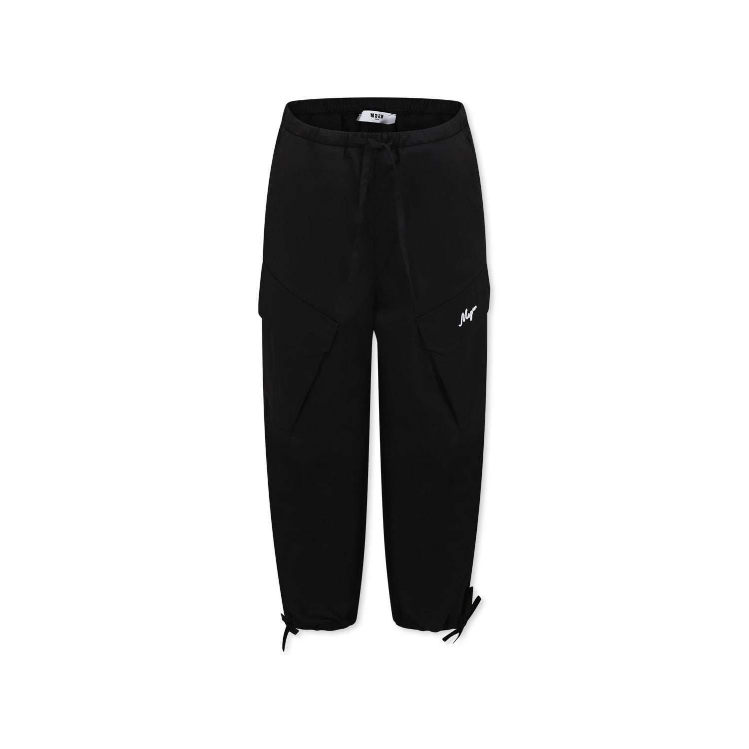 msgm black trousers for girl with logo