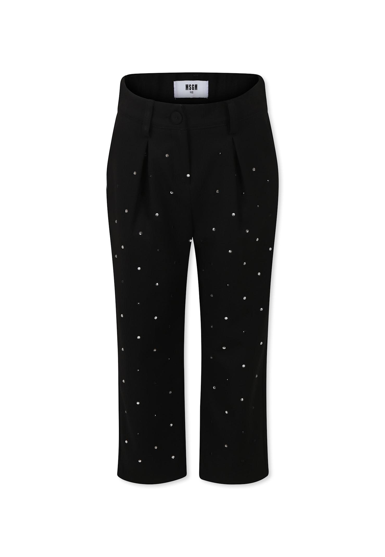 msgm black trousers for girl with rhinestones and logo