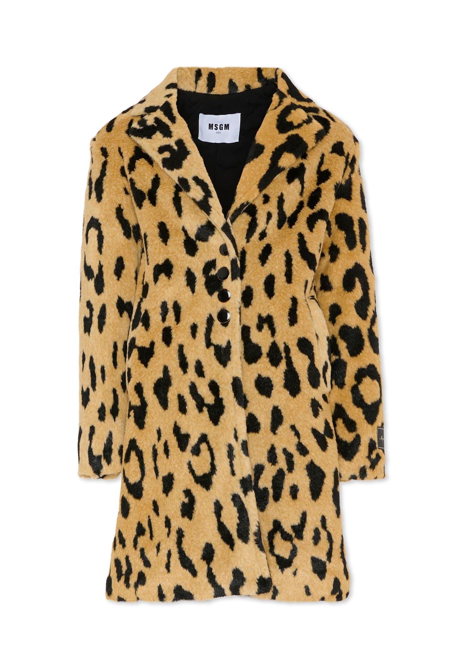 msgm brown faux fur coat for girl with spotted print