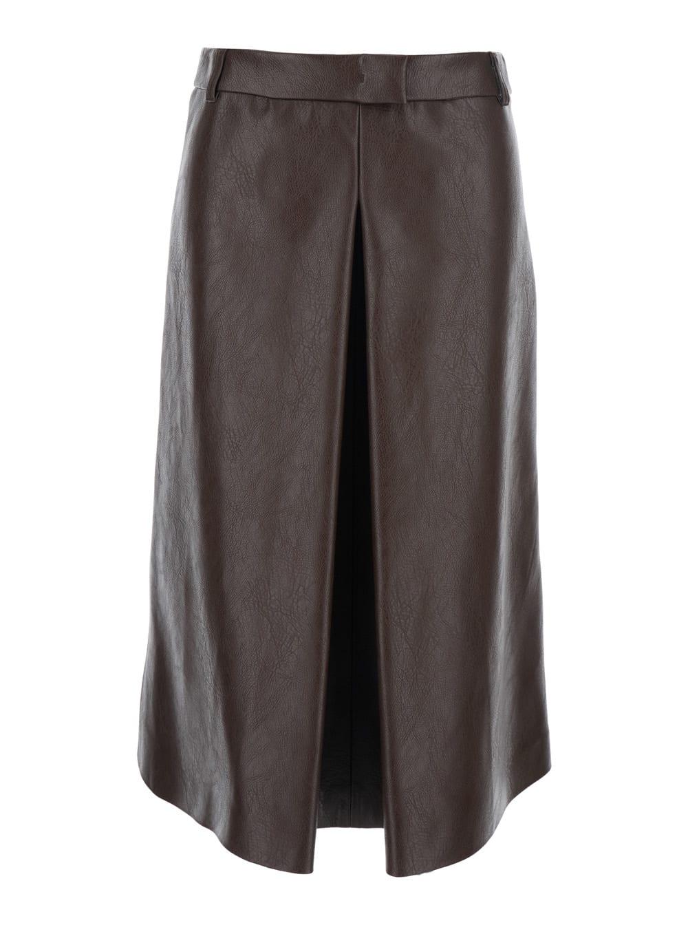 msgm brown midi skirt with belt loops and front single slit in ecoleather woman