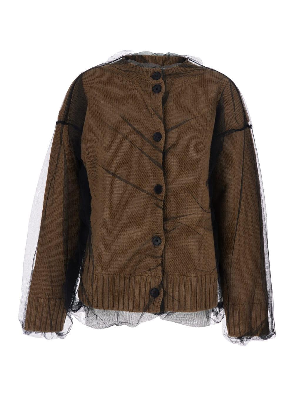 msgm brown ribbed crew neck sweater with tulle overlay in wool woman