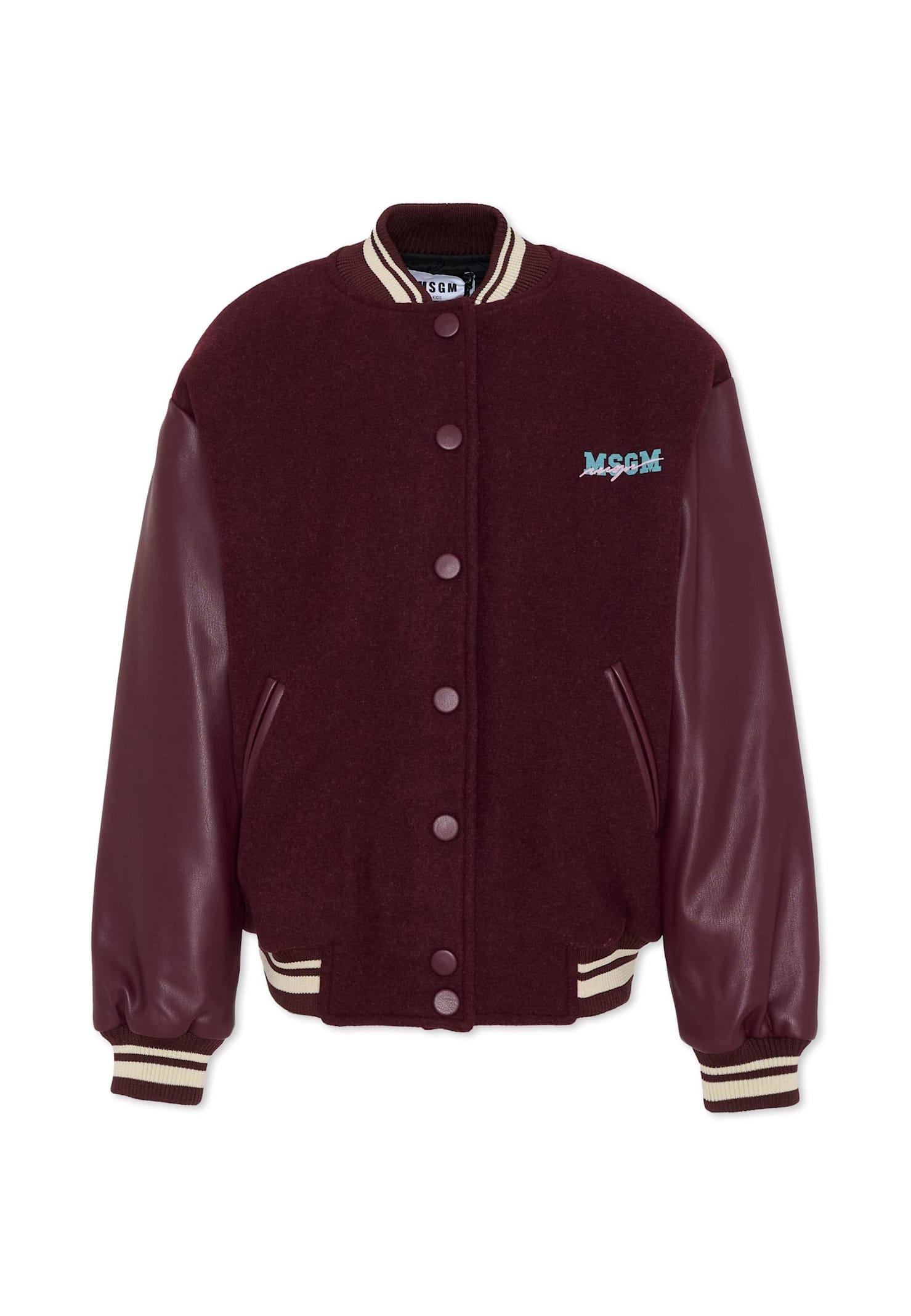 msgm burgundy bomber jacket for girl with logo