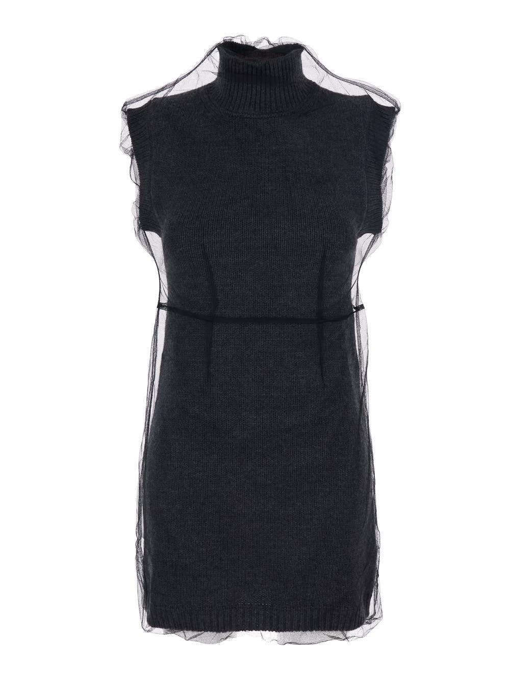 msgm grey high neck dress with logo patch applied on the back in wool woman
