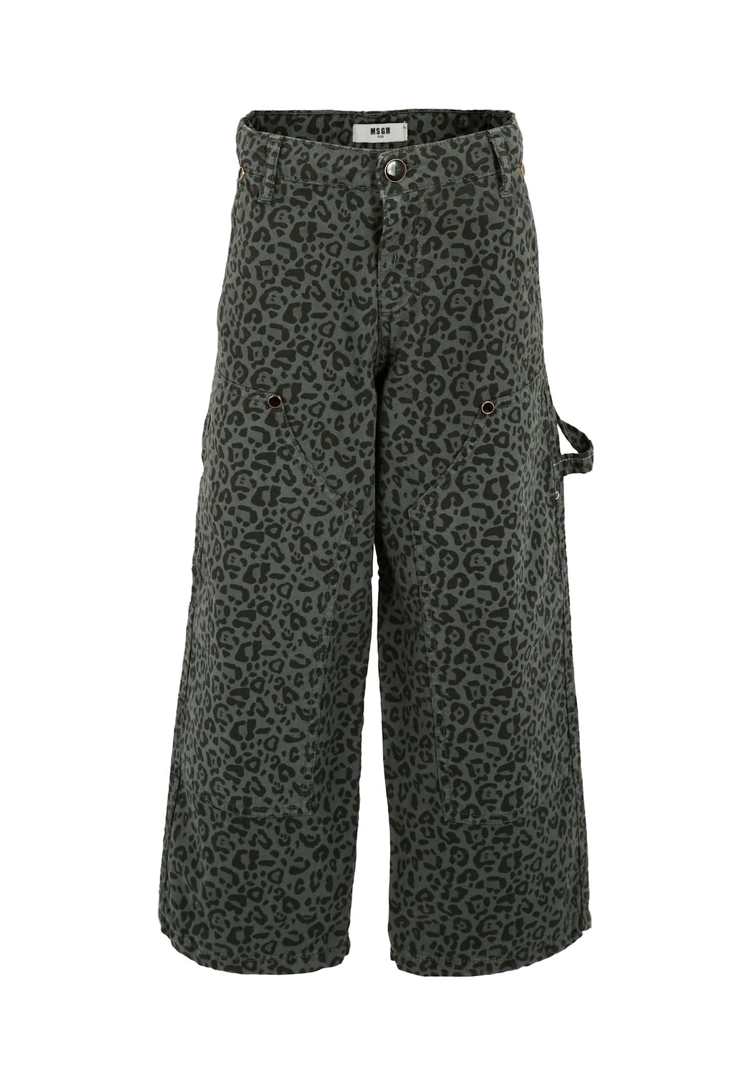 msgm grey pants for girl with logo and spotted print