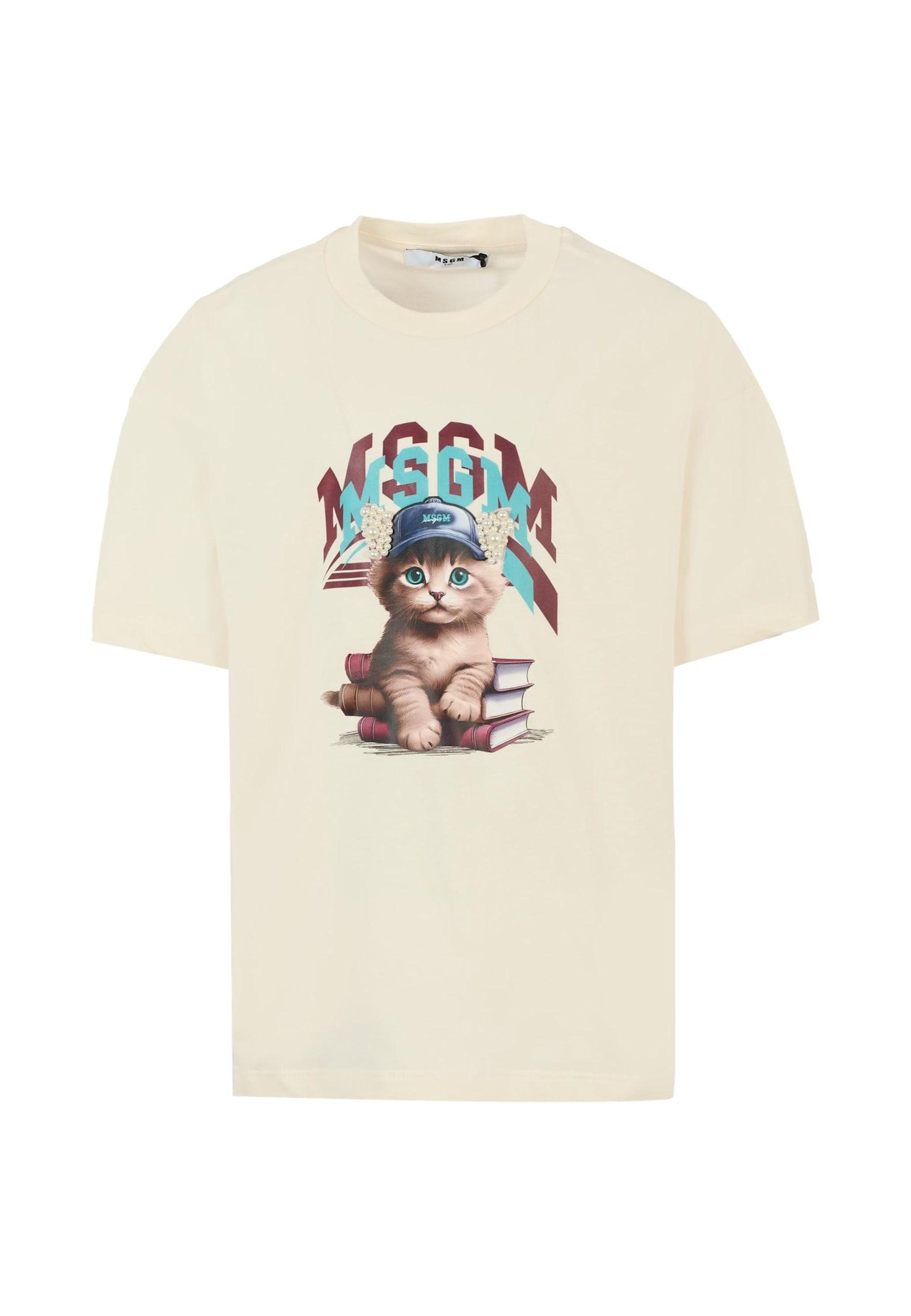 msgm ivory t-shirt for girl with cat