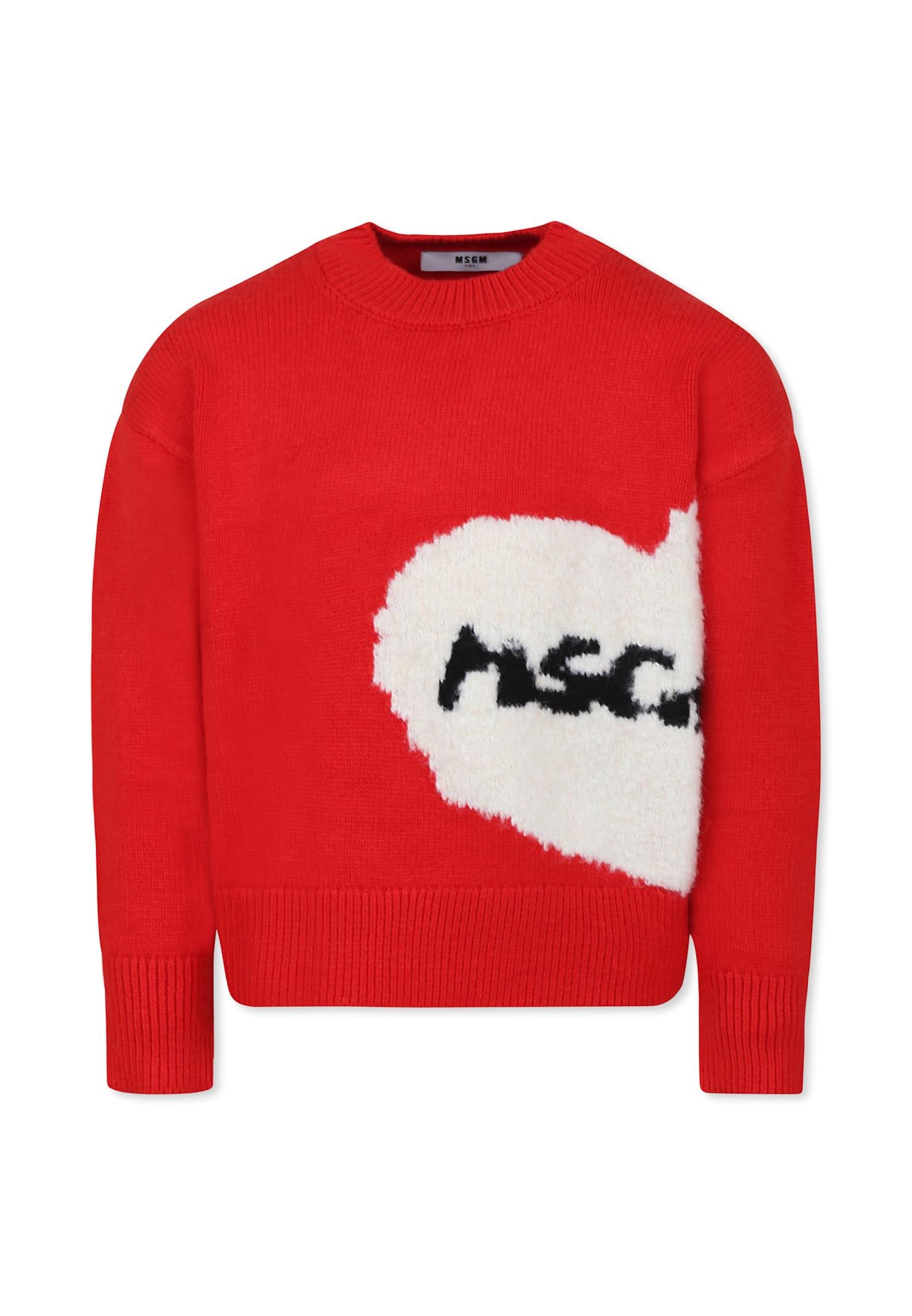 msgm red crop sweater for girl with heart and logo