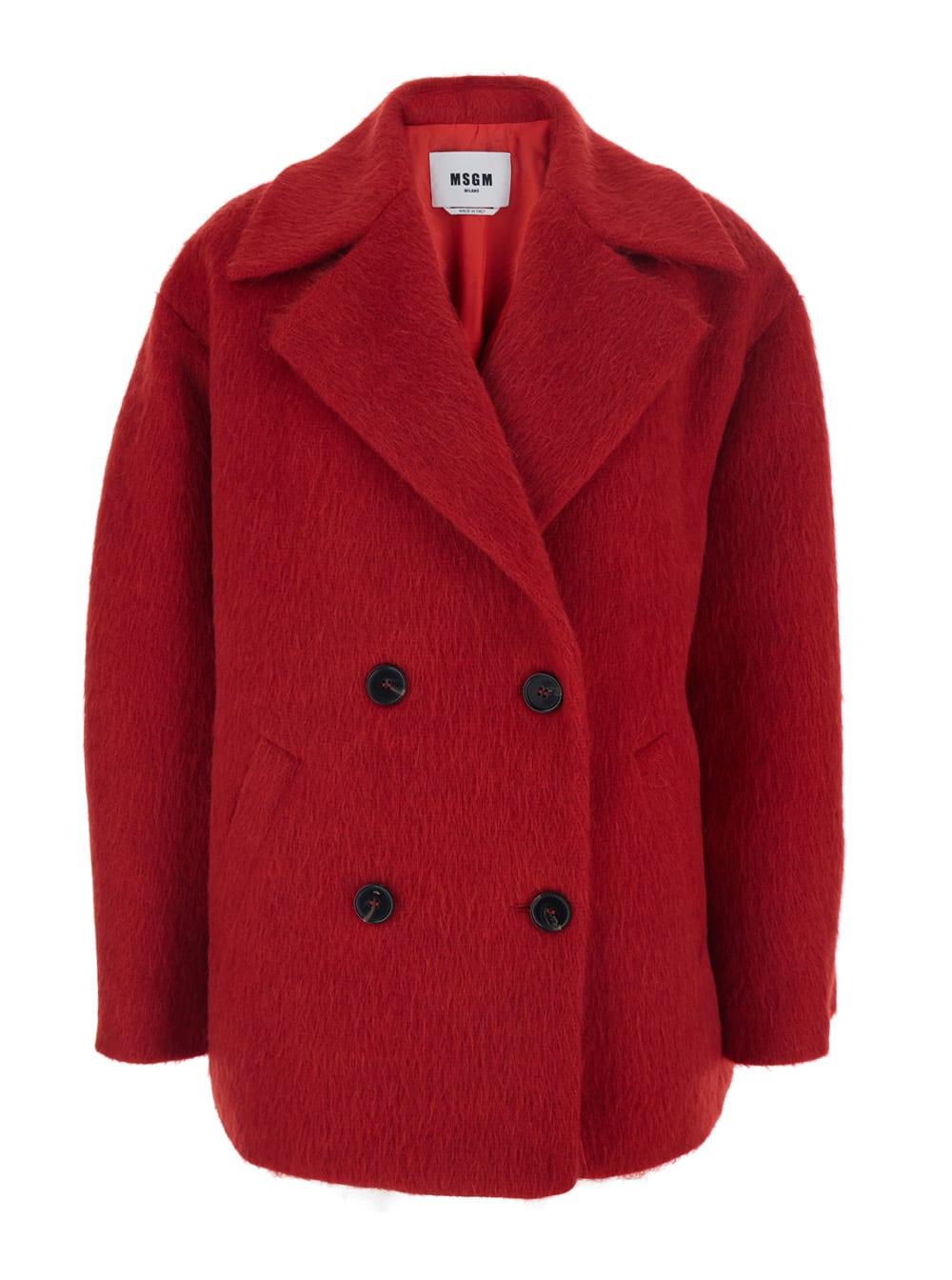 msgm red double-breasted coat with wide notched revers in wool blend woman