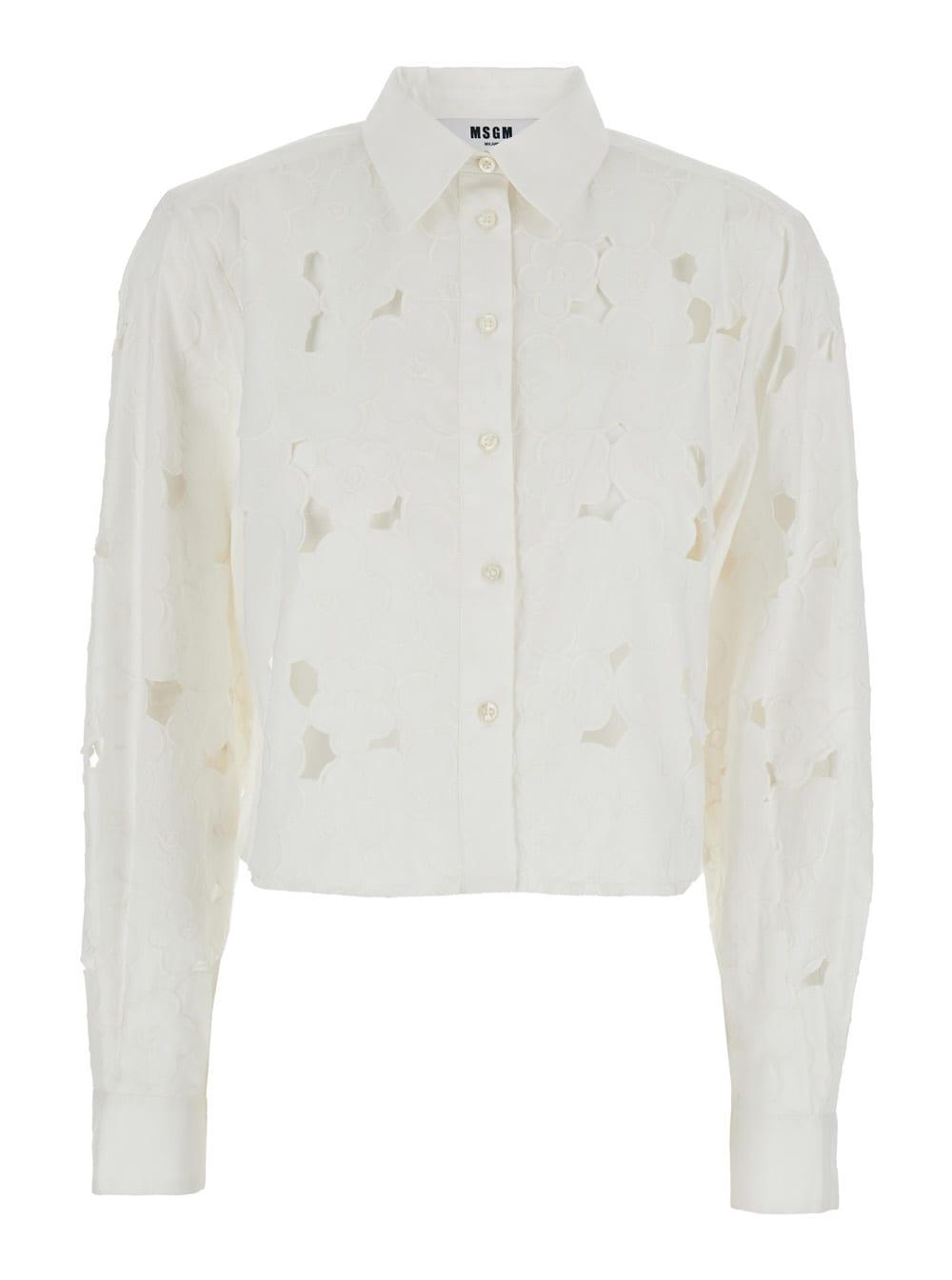 msgm white shirt with classic collar and all-over perforated details in cotton woman