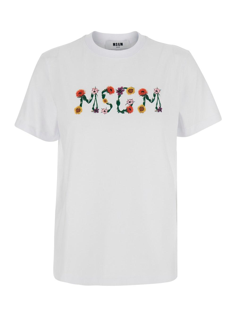 msgm white t-shirt with round neck and logo on front for men