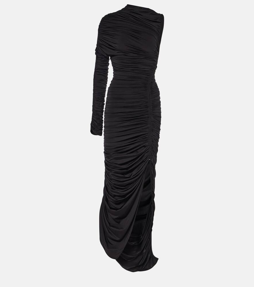 mugler asymmetric ruched midi dress