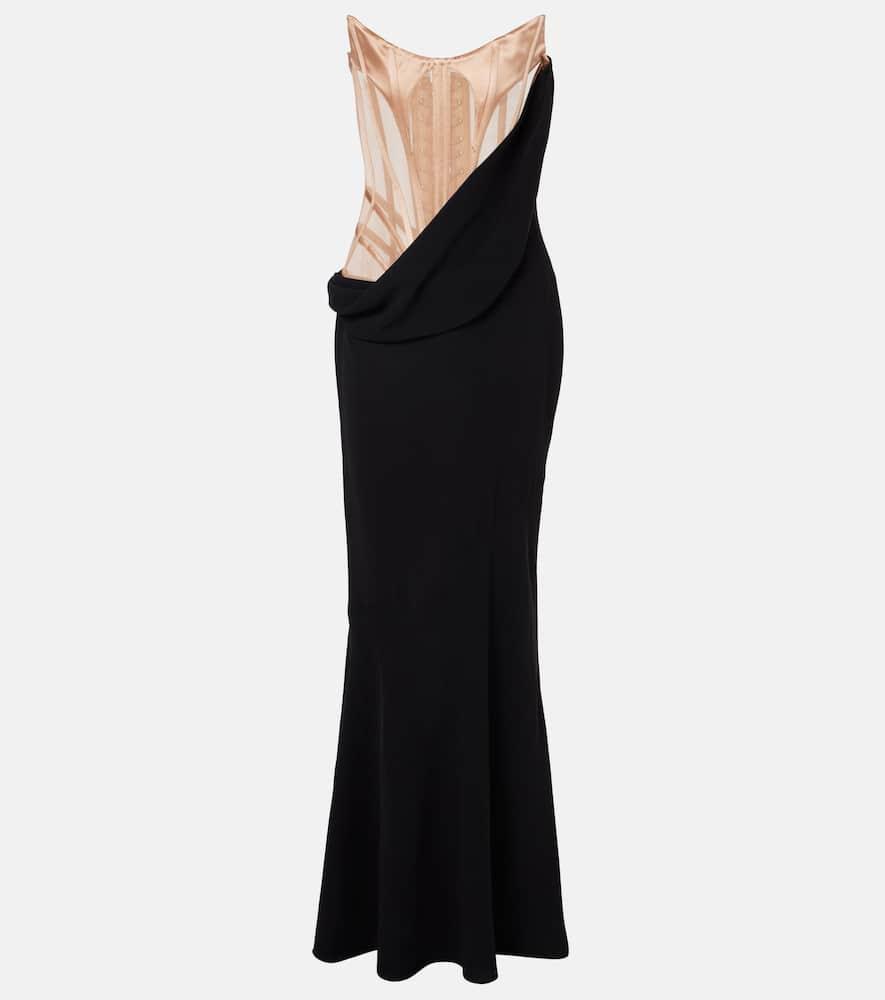 mugler draped mesh, satin, and velvet corset gown