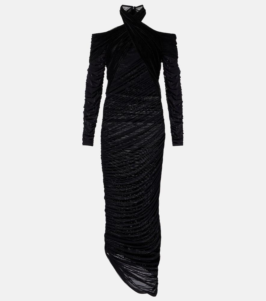 mugler draped mesh and velvet maxi dress