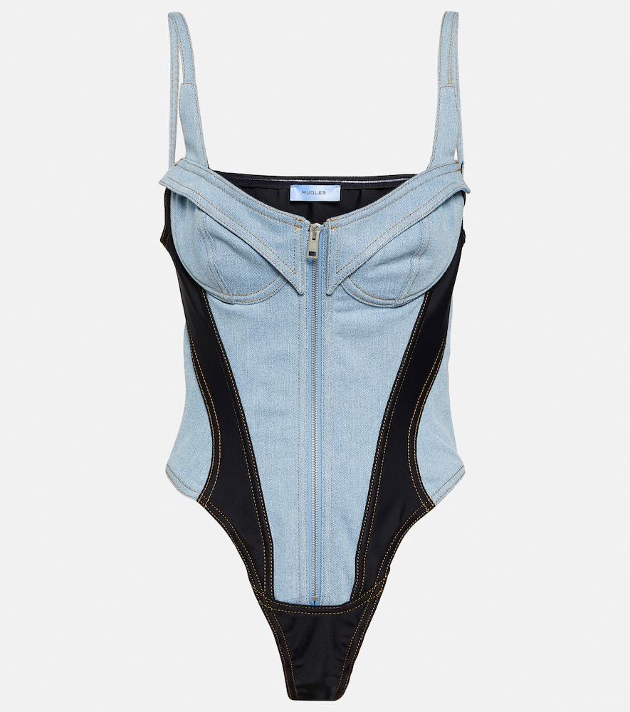 mugler paneled denim bodysuit