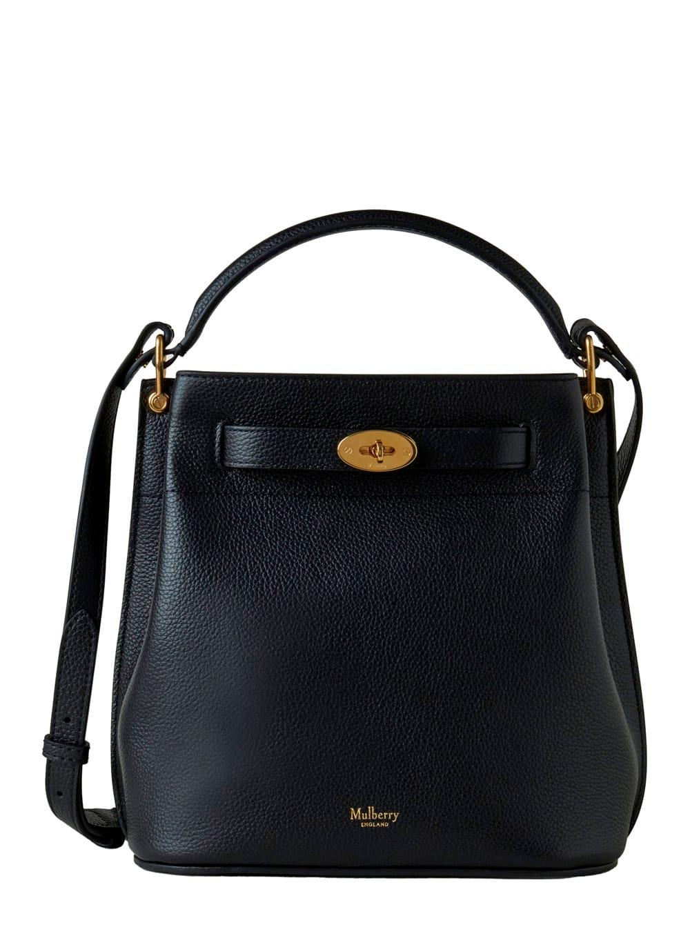 mulberry small islington black bucket bag with twist lock closure in hammered leather woman