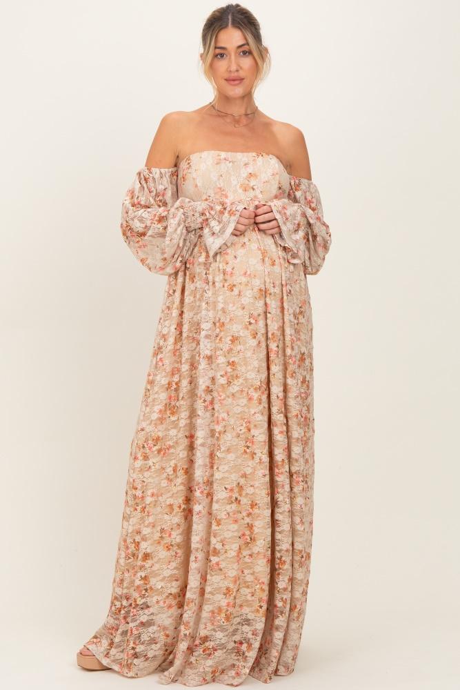multi color floral lace smocked long sleeve off shoulder maternity maxi dress