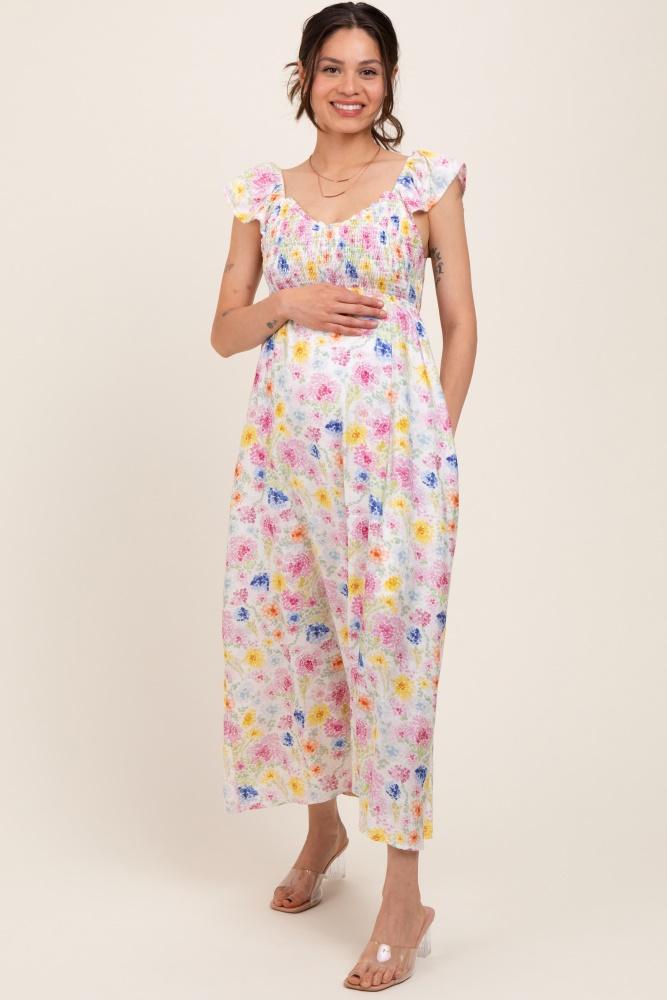 multi color floral smocked back bow maternity maxi dress
