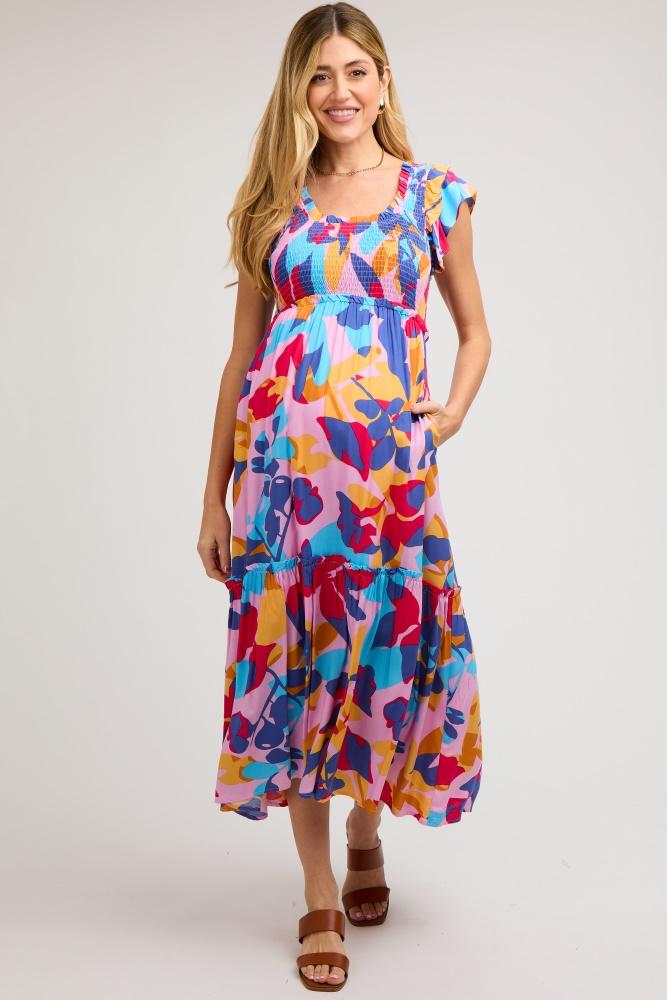multi-color smocked ruffle maternity midi dress