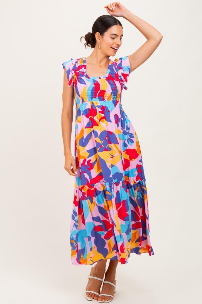 multi-color smocked ruffle midi dress