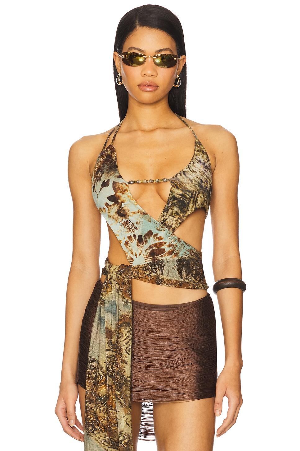 multi printed cut out draped top