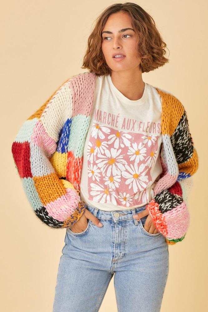 multicolor color block checkered thick knit cardigan