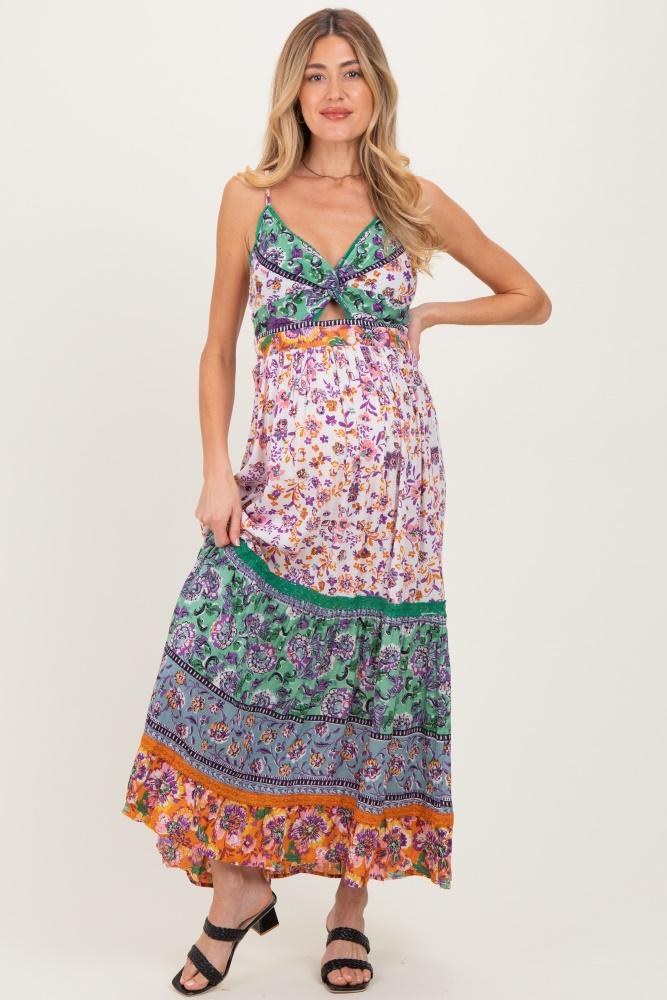 multicolor colorblock floral twist front cutout maternity maxi dress