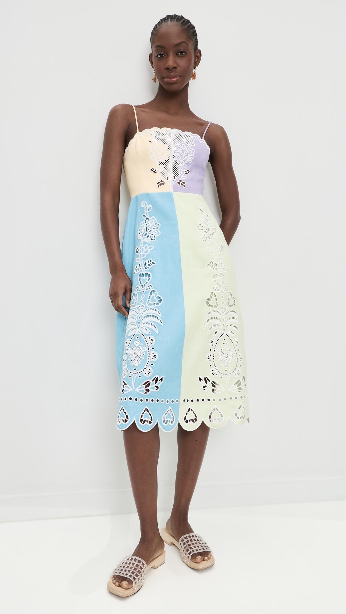 multicolor embroidery sleeveless midi dress