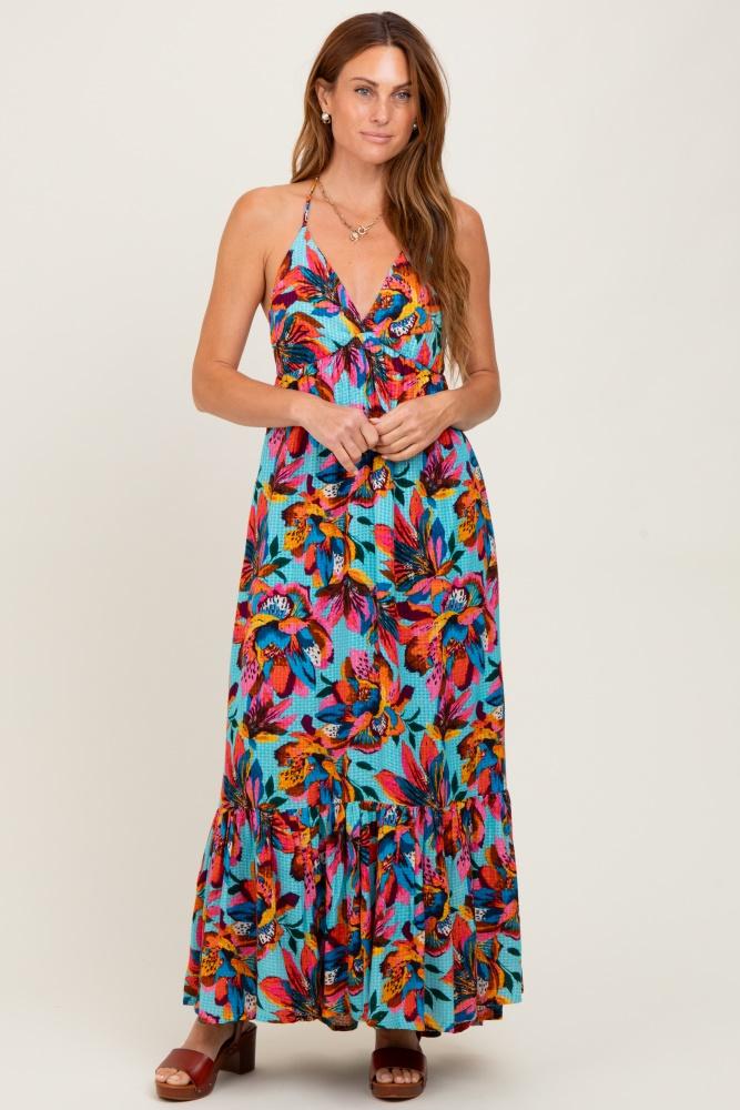 multicolor floral deep v-neck halter maxi dress