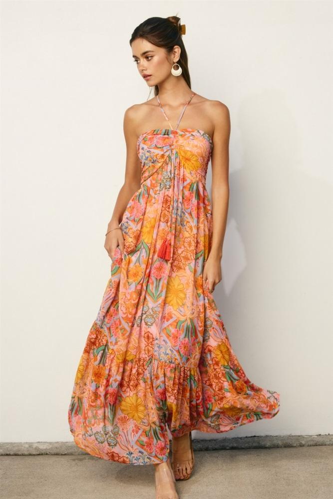 multicolor floral halter crisscross back maxi dress