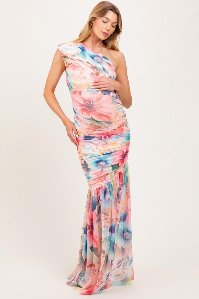 multicolor floral ruched mesh one shoulder maternity maxi dress